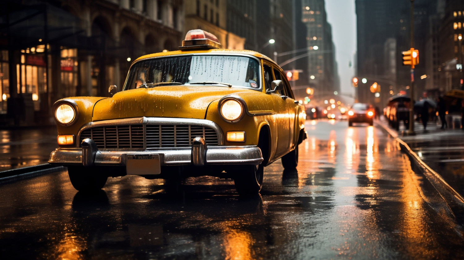 A yellow taxi cab driving down a wet street in the rain.